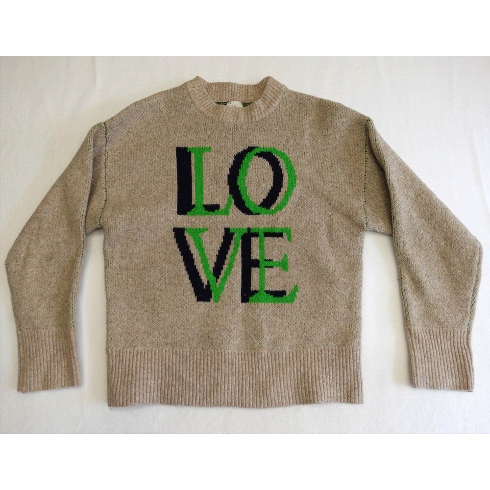 A New Day Sweater Pullover Womens S Beige Green LOVE Graphic Knit Crewneck Warm